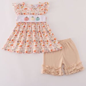 Beige french knot ruffle shorts set