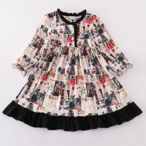 Black music fan print girl gown
