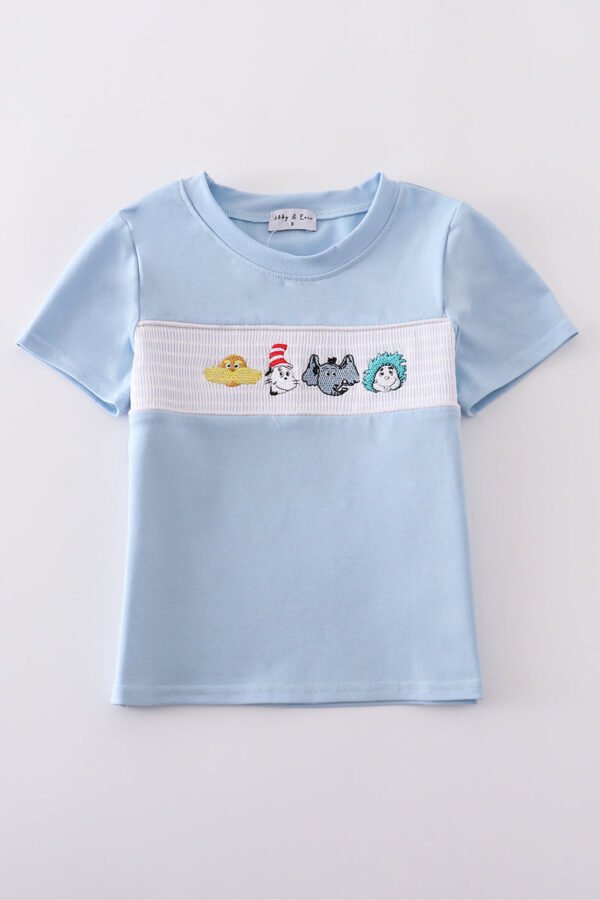 Blue Dr. Seuss embroidery smocked top