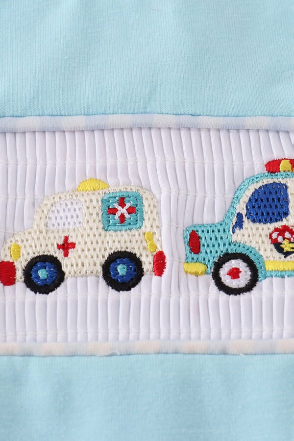 Blue fire truck police car embroidery smocked top - Image 2
