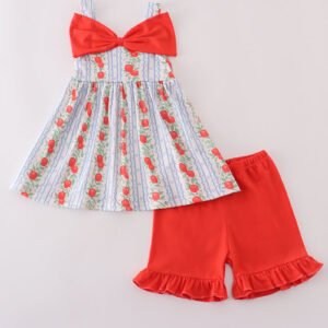 Apple print bow ruffle shorts set