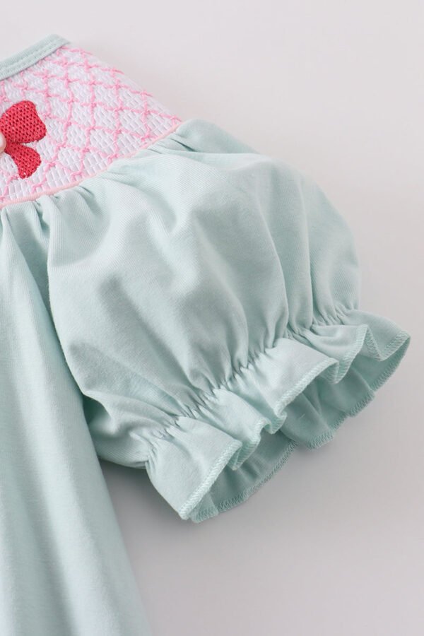 Blue bow pearl smocked dress - Image 3