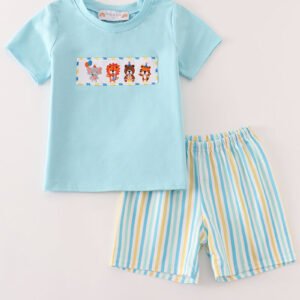 Blue animals birthday embroidery boy set
