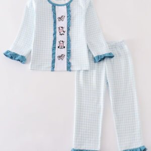 Blue gingham cow embroidery girl pajamas set
