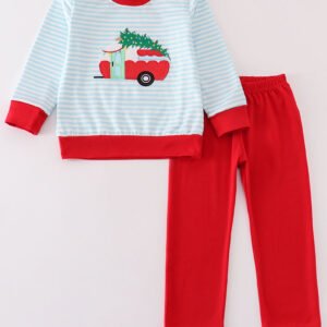 Blue christmas camper van applique boy set