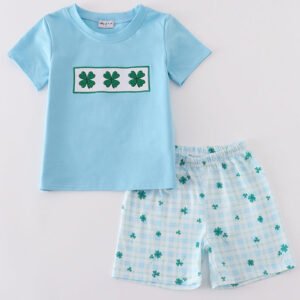 Blue clover embroidery boy set