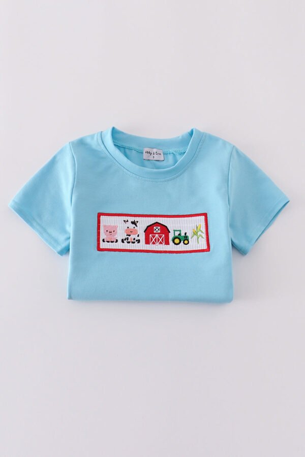 Blue farm embroidery smocked shorts set - Image 6