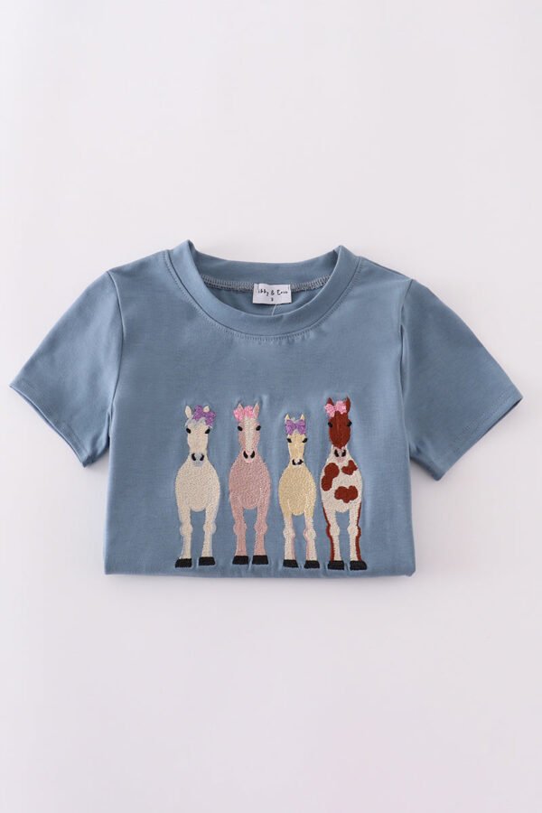 Blue farm horses embroidery shorts set - Image 6