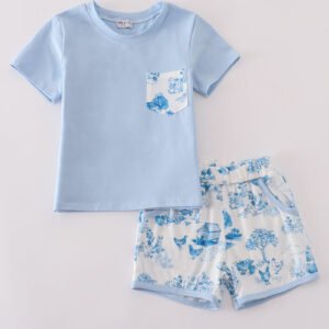 Blue farm print shorts set