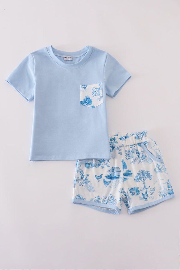 Blue farm print shorts set