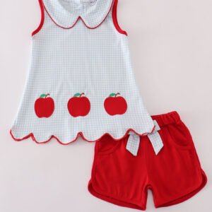 Apple applique bow shorts set