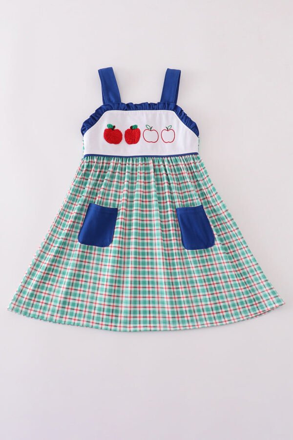 Blue apple french knot plaid dress