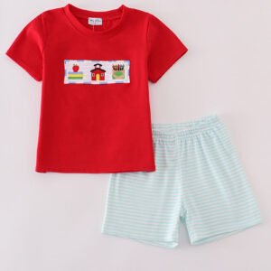 Apple pencil embroidery smocked shorts set