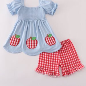 Blue apple applique smocked ruffle shorts set