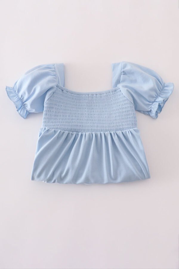 Blue apple applique smocked ruffle shorts set - Image 6