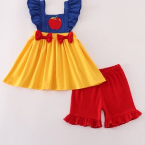 Apple embroidery bow ruffle shorts set