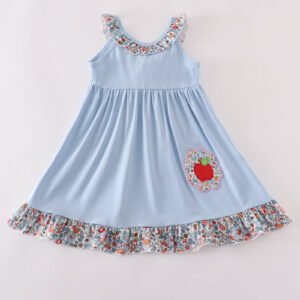 Blue apple floral applique ruffle dress