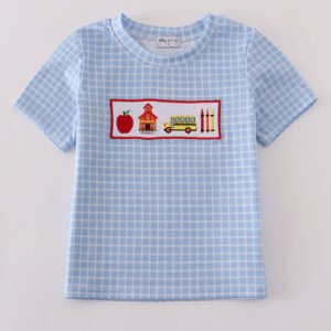 Blue apple bus embroidery plaid top