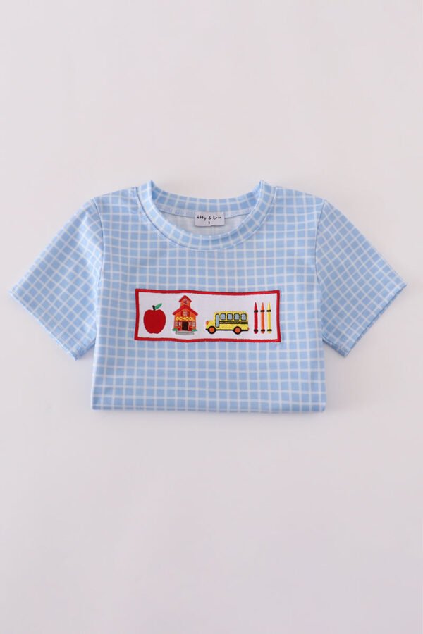 Blue apple bus embroidery plaid top - Image 5