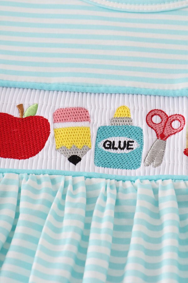 Blue apple pencil bus embroidery smocked shorts set - Image 2