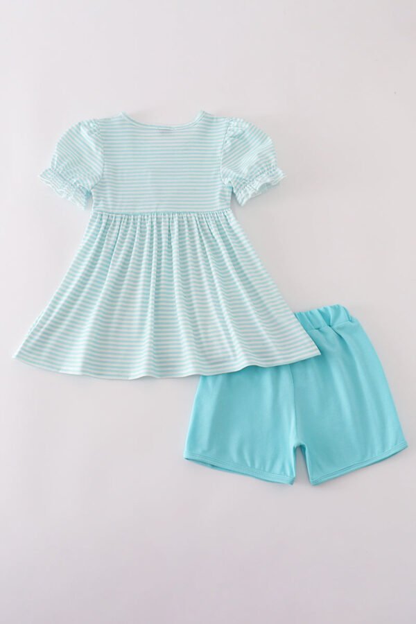 Blue apple pencil bus embroidery smocked shorts set - Image 5
