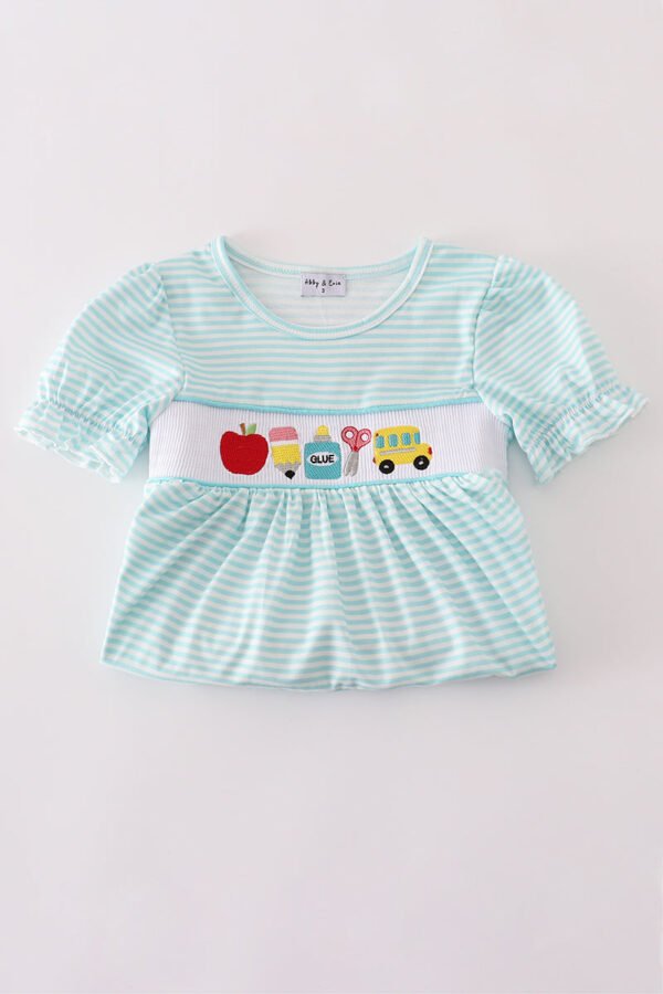 Blue apple pencil bus embroidery smocked shorts set - Image 6