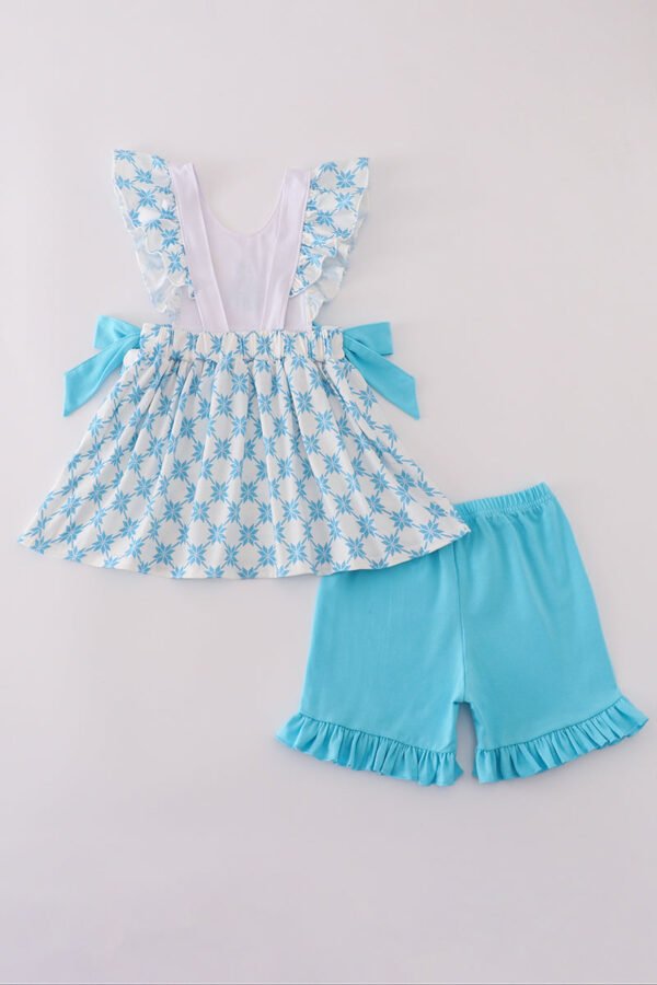 Blue character embroidery bow ruffle shorts set - Image 5