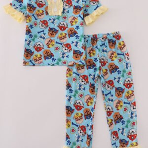 Blue character print ruffle pajamas set