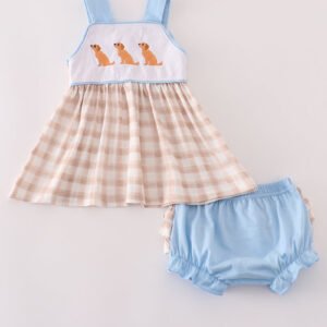 Beige puppy embroidery gingham bloomer set
