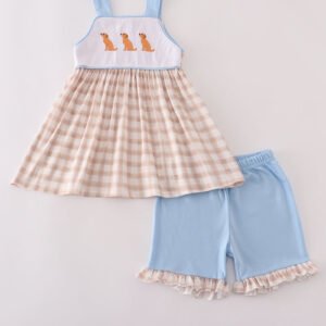 Beige puppy embroidery gingham ruffle shorts set