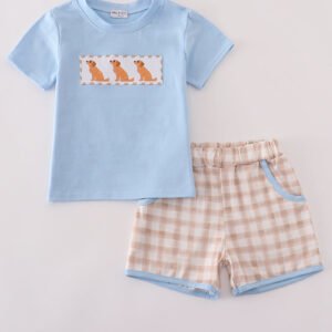 Beige puppy embroidery gingham shorts set