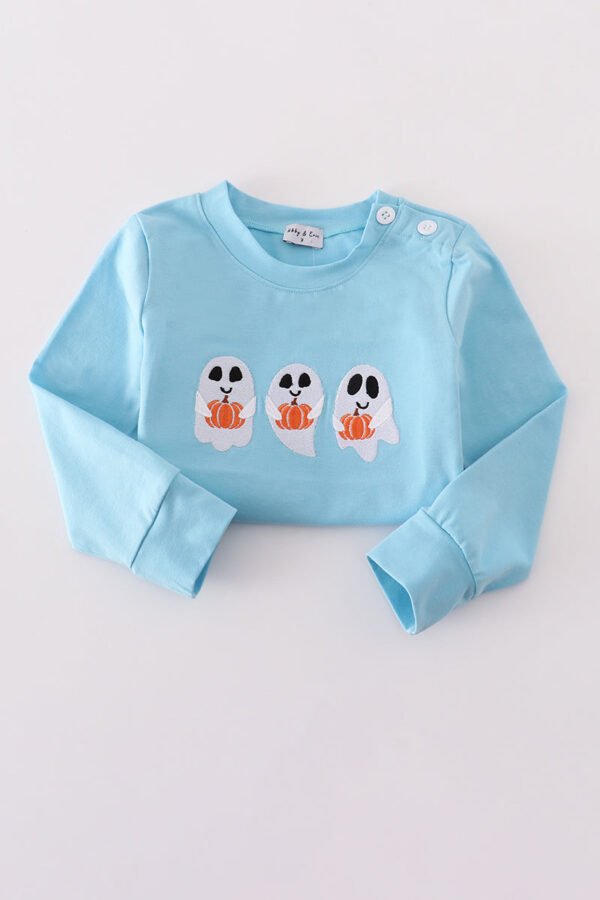 Blue ghost pumpkin embroidery top - Image 5