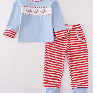 Blue airplane embroidery stripe pants set